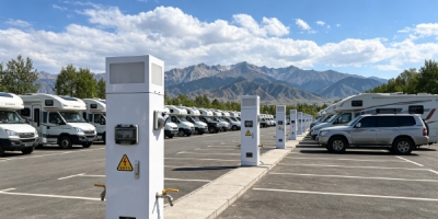 極亞智能水電樁落地新疆木壘迎賓苑房車營地 防塵防凍適配北疆極端氣候