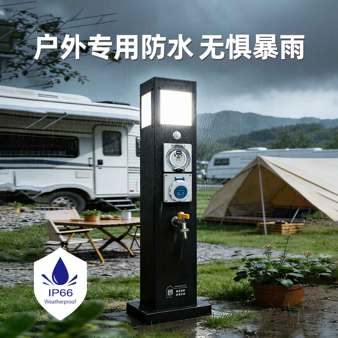 極亞智能黑色款 IP66 防水水電樁，露營場景供電供水設備