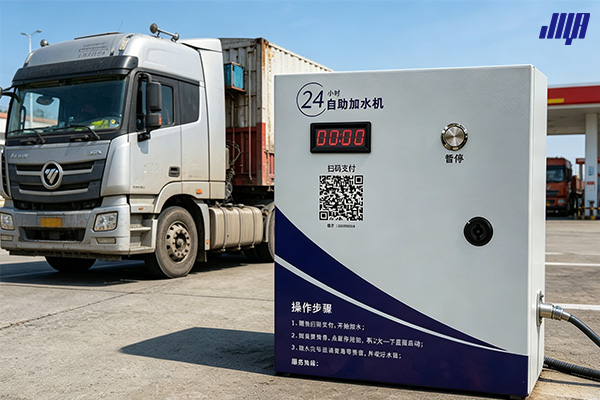 極亞智能大貨車自助加水機(jī)實(shí)拍，服務(wù)區(qū)卡車加水設(shè)備場(chǎng)景