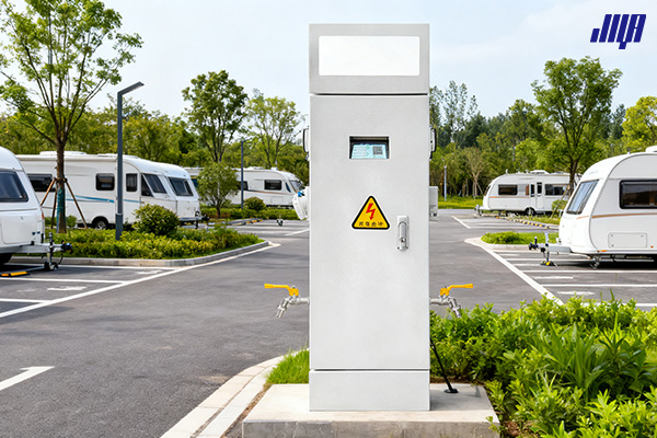 極亞智能房車營地水電樁實(shí)拍，多車同時(shí)供水供電設(shè)備場景
